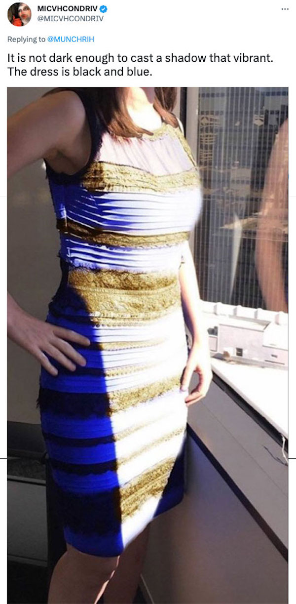 gold and white dress or black and blue